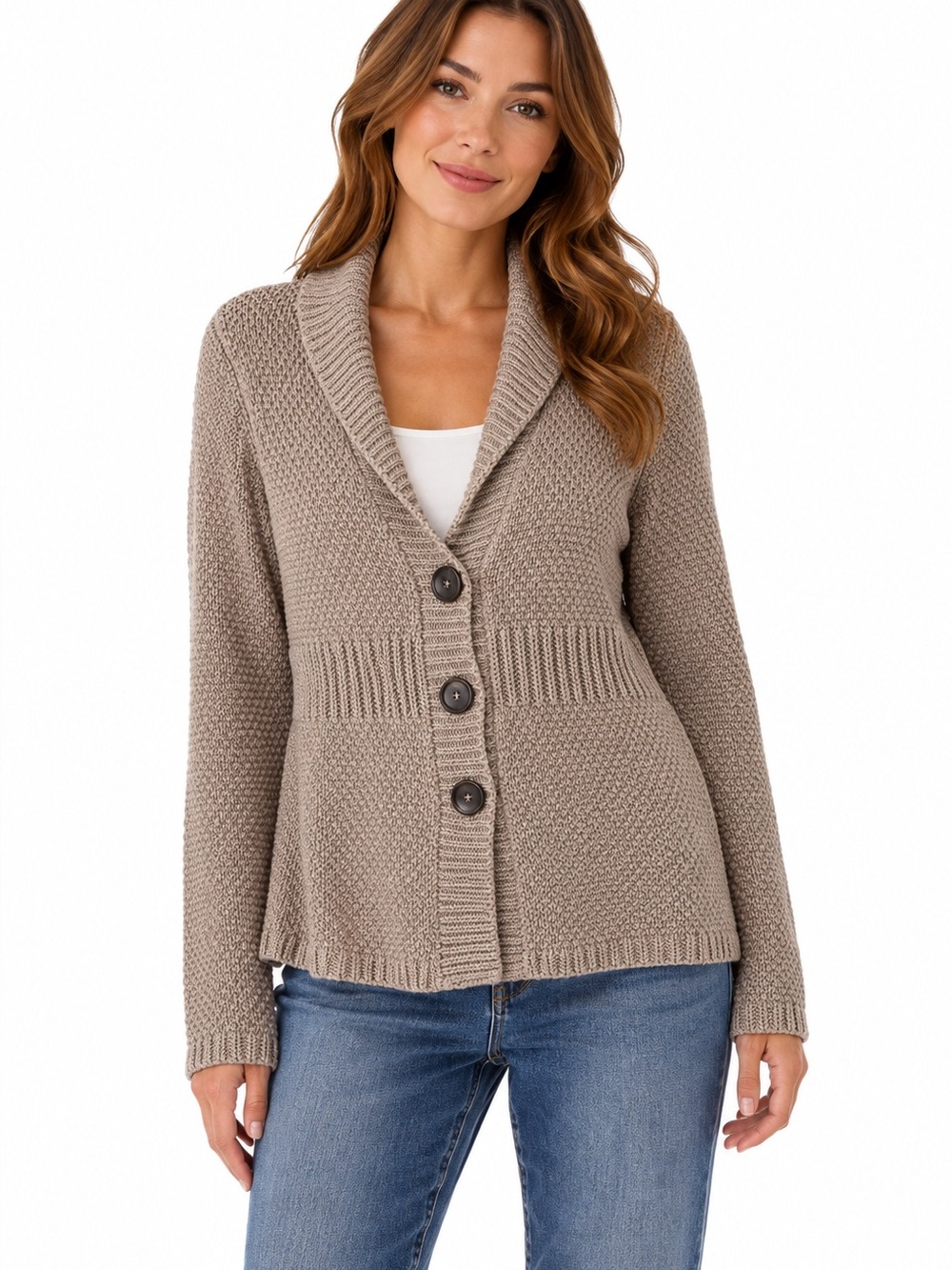 Boden 100% Cotton Chunky Knit Cardigan Sweater Size 10 Taupe Tan Neutral